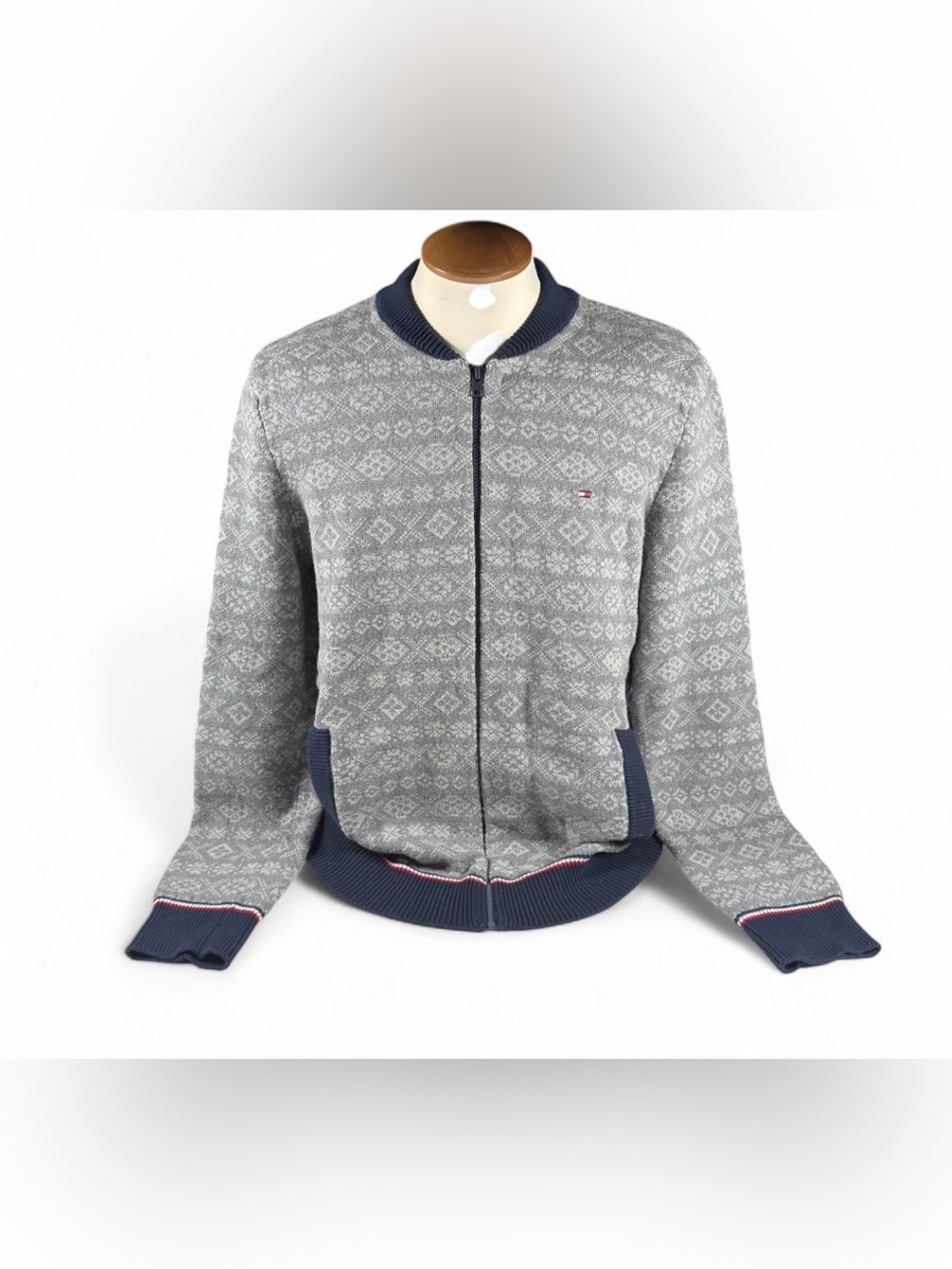 Tommy Hilfiger Gray Patterned Zip-Up Sweater Jacket Mens Size XL